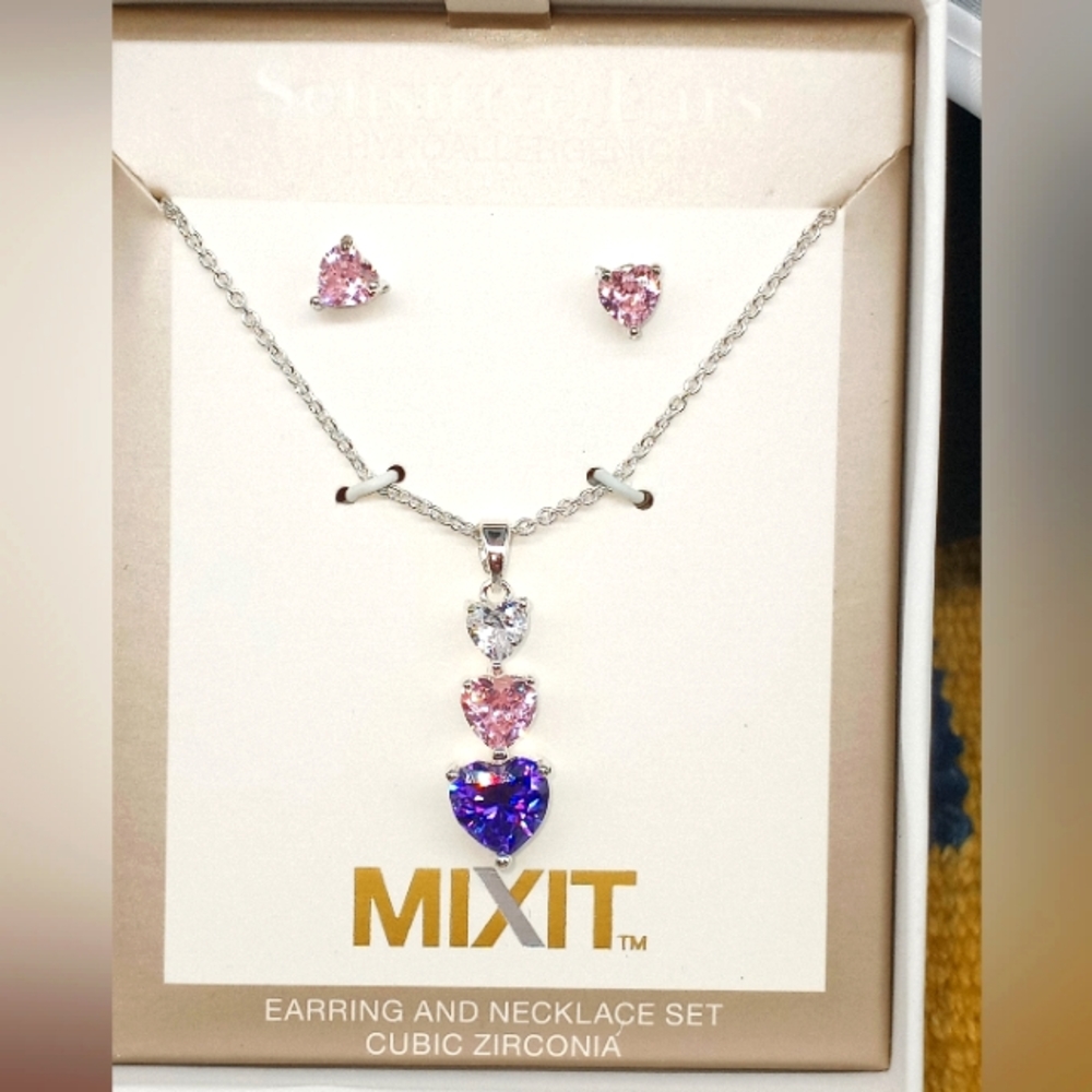 Mixit Earring and Necklace Set With Cubic Zirconia Purple Pink White Sensitive